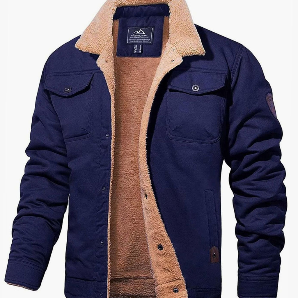 Men's Sherpa-Lined Fleece Cargo Winter Jacket - Navy Blue