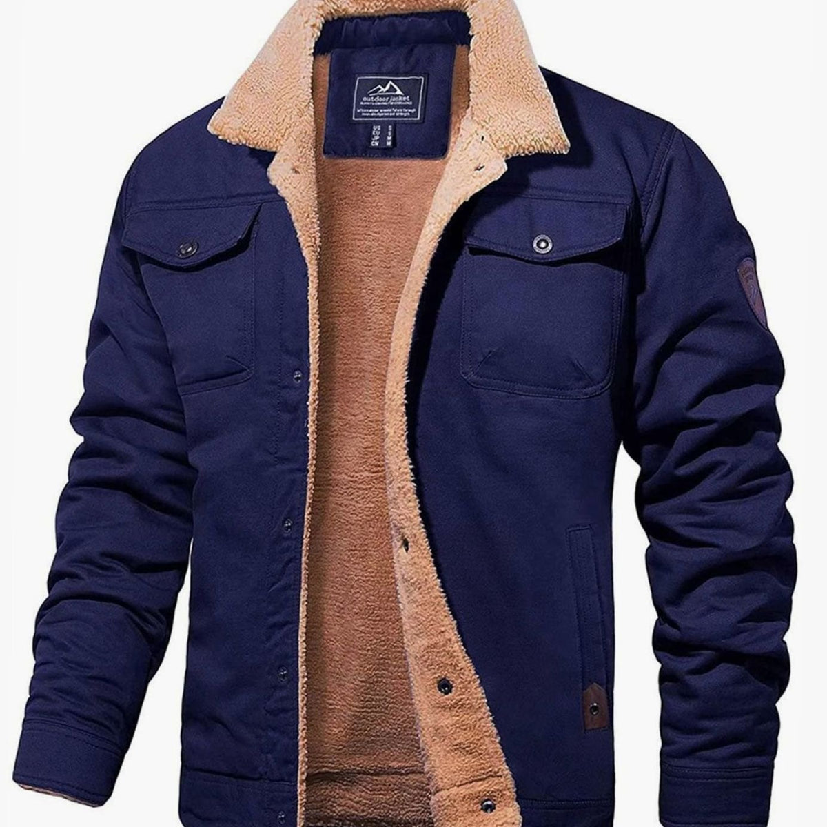 Men's Sherpa-Lined Fleece Cargo Winter Jacket - Navy Blue