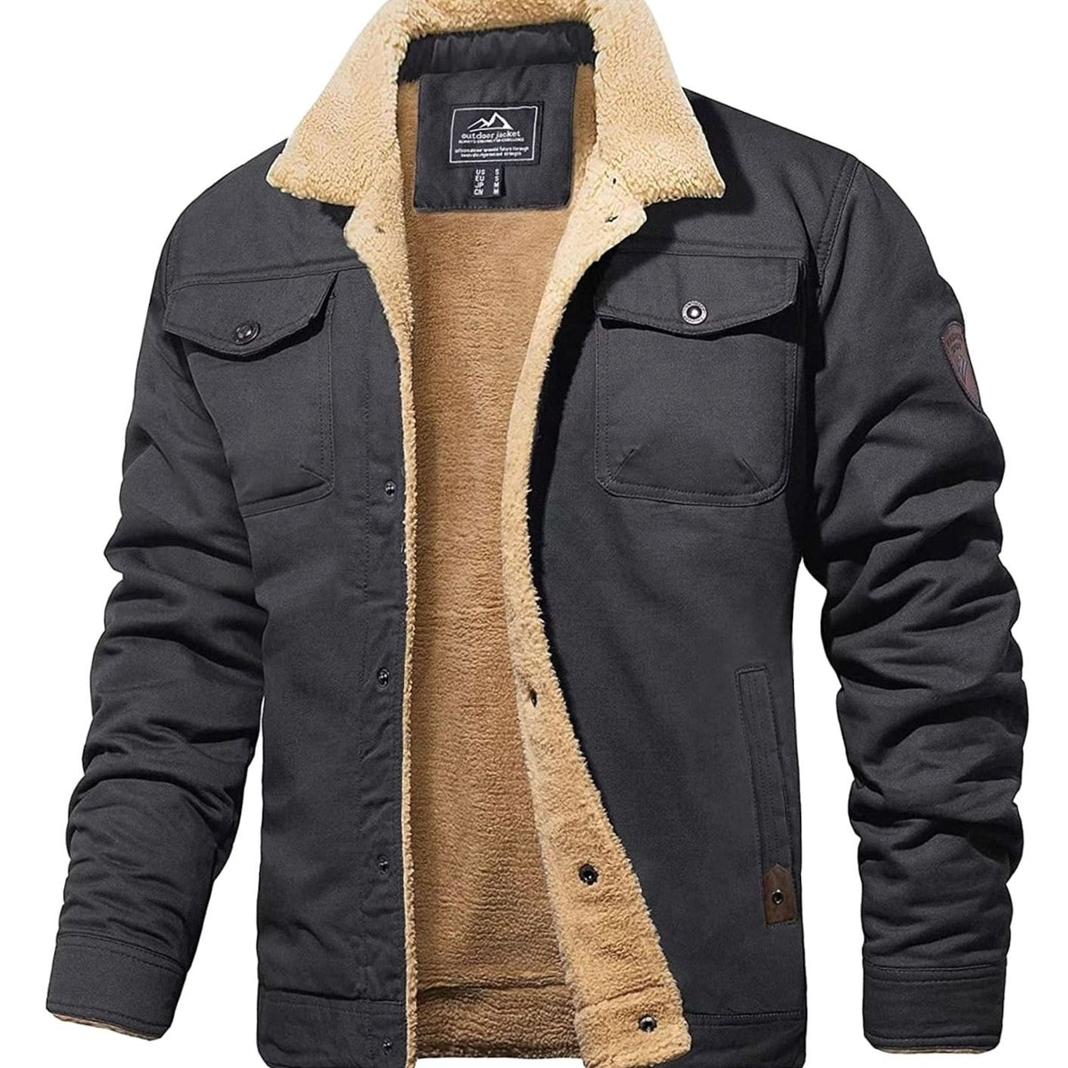 Men's Sherpa-Lined Fleece Cargo Winter Jacket - Dark Gray