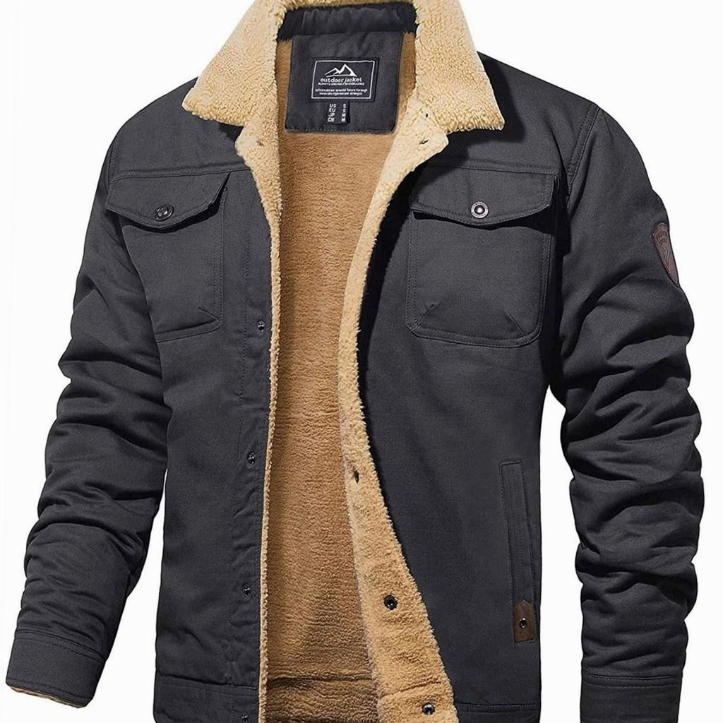 Men's Sherpa-Lined Fleece Casual Jacket Multi-Pocket Outdoor - Dark Gray