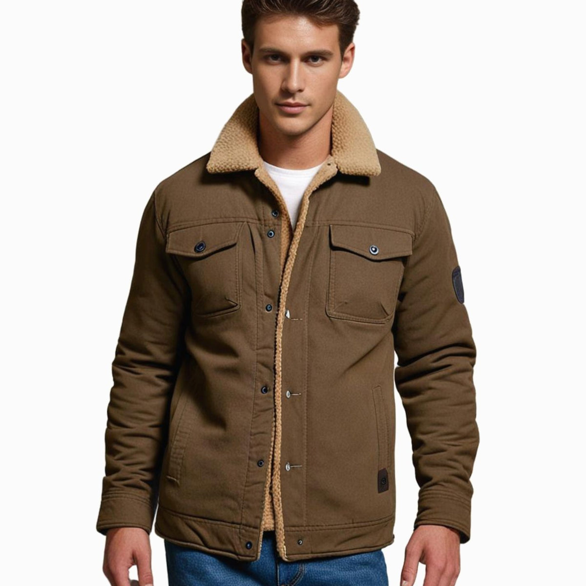 Men's Sherpa-Lined Fleece Casual Jacket Multi-Pocket Outdoor