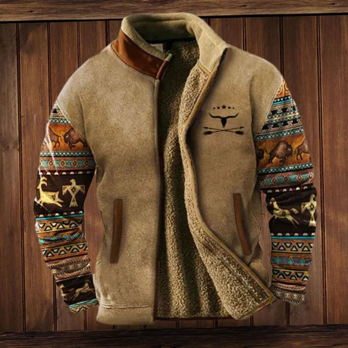 Men's Sherpa-Lined Tribal Print Zip-Up Winter Coat - Brown