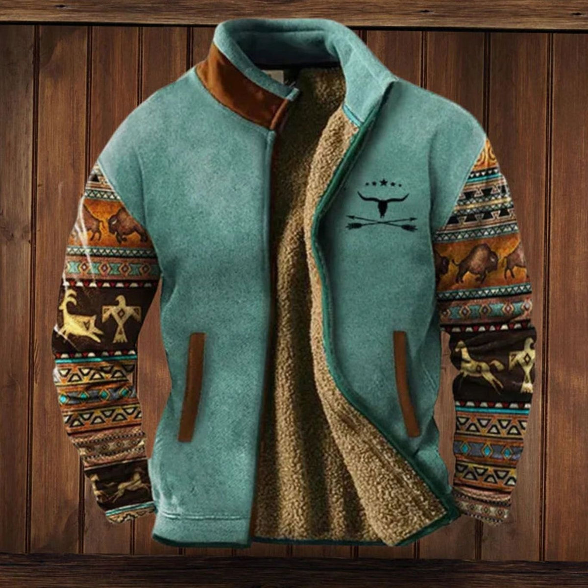 Men's Sherpa-Lined Tribal Print Zip-Up Winter Coat - Blue