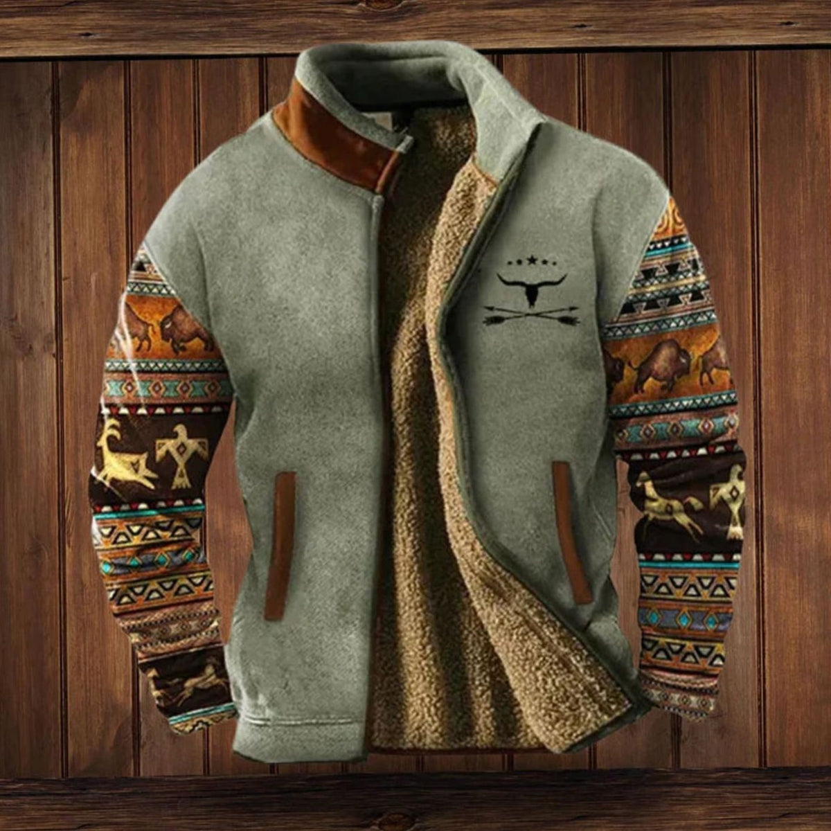 Men's Sherpa-Lined Tribal Print Zip-Up Winter Coat - Gray