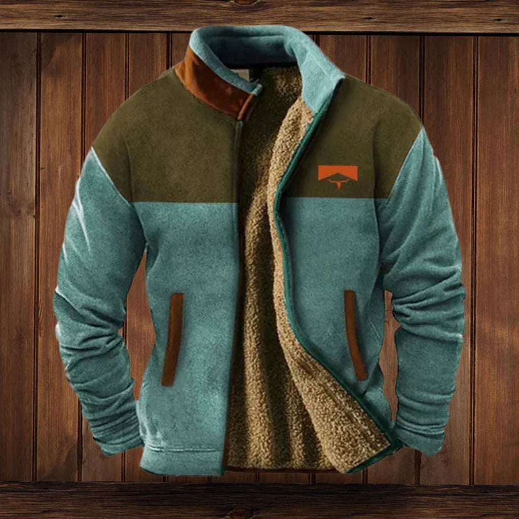 Men's Sherpa-Lined Tribal Print Zip-Up Winter Coat - Navy Blue