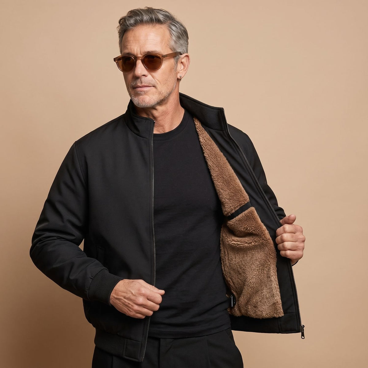 Men's Sherpa-Lined Zip-Up Bomber Jacket High Neck