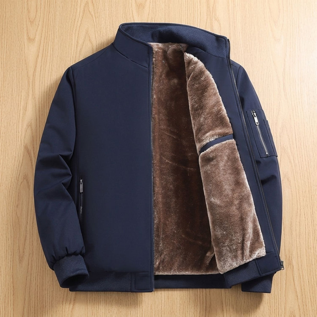 Men's Sherpa-Lined Zip-Up Bomber Jacket High Neck - Dark Blue