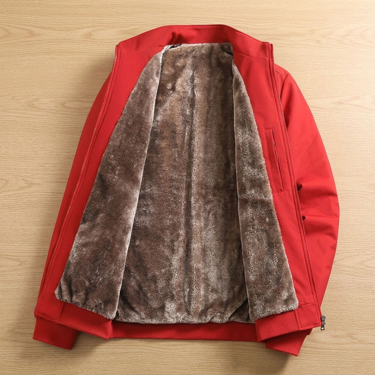 Men's Sherpa-Lined Zip-Up Bomber Jacket High Neck - Red