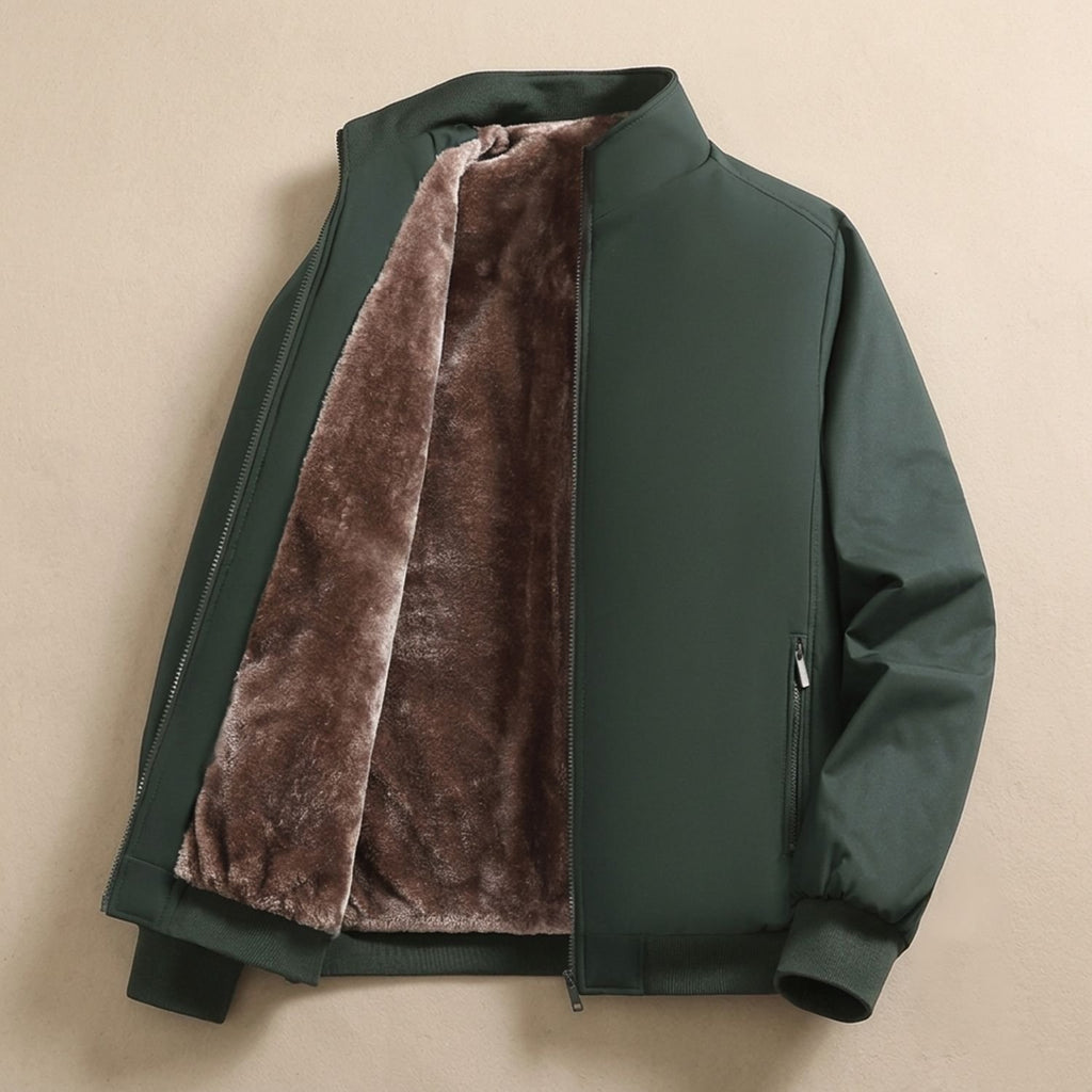 Men's Sherpa-Lined Zip-Up Bomber Jacket High Neck - Dark Green
