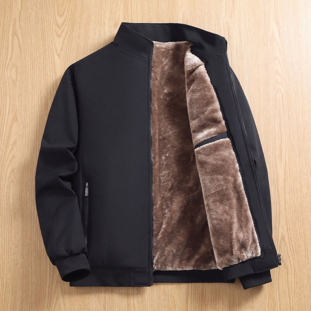 Men's Sherpa-Lined Zip-Up Bomber Jacket High Neck - Black
