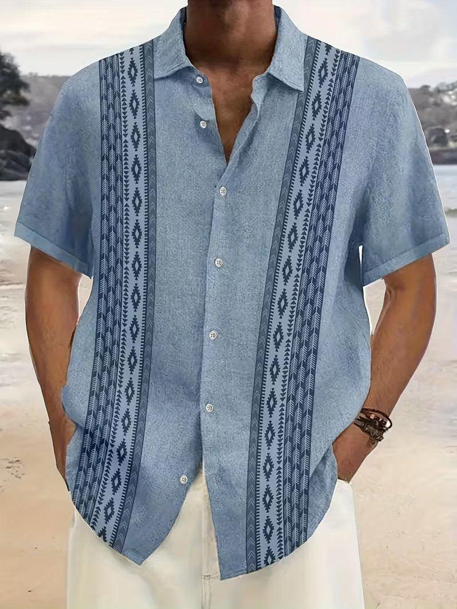 Men's Short-Sleeve Aztec Geometric Button-Down Shirt - Blue