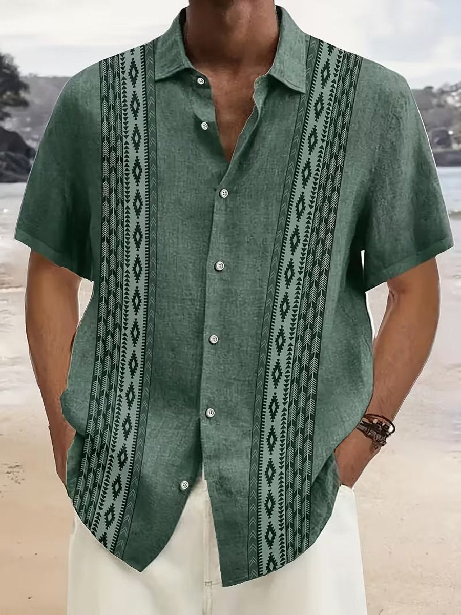 Men's Short-Sleeve Aztec Geometric Button-Down Shirt - Green