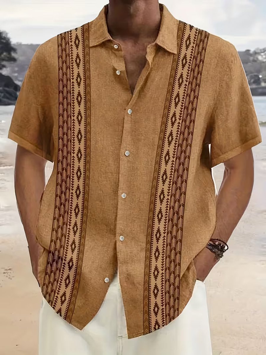 Men's Short-Sleeve Aztec Geometric Button-Down Shirt - Brown