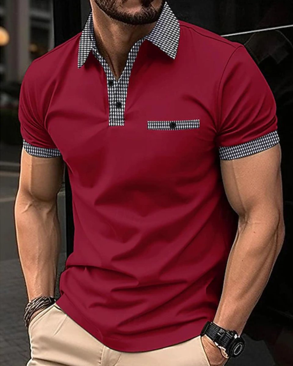 Men's Short-Sleeve Checkered-Collar Button-Placket Polo Shirt - Red
