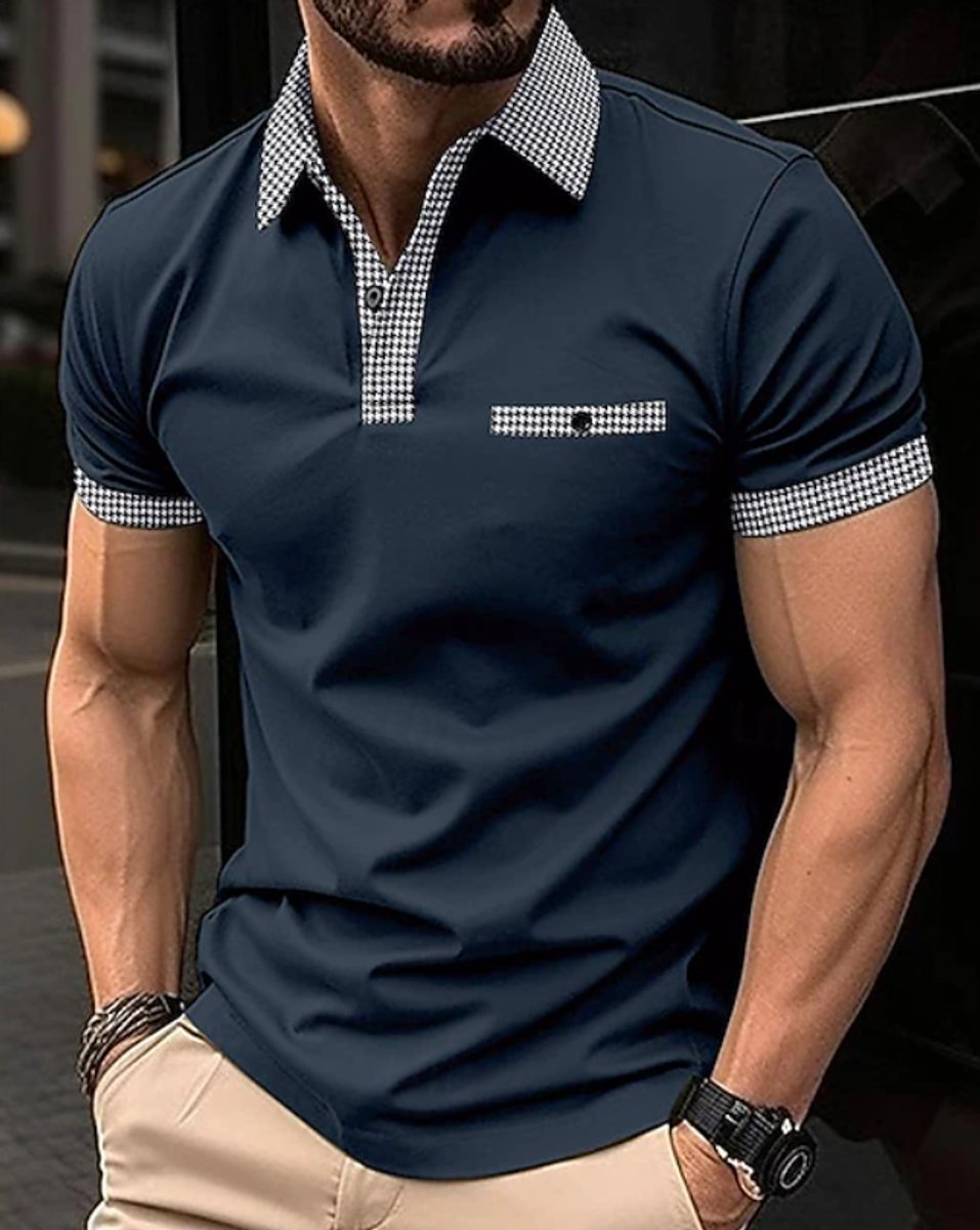Men's Short-Sleeve Checkered-Collar Button-Placket Polo Shirt - Navy Blue