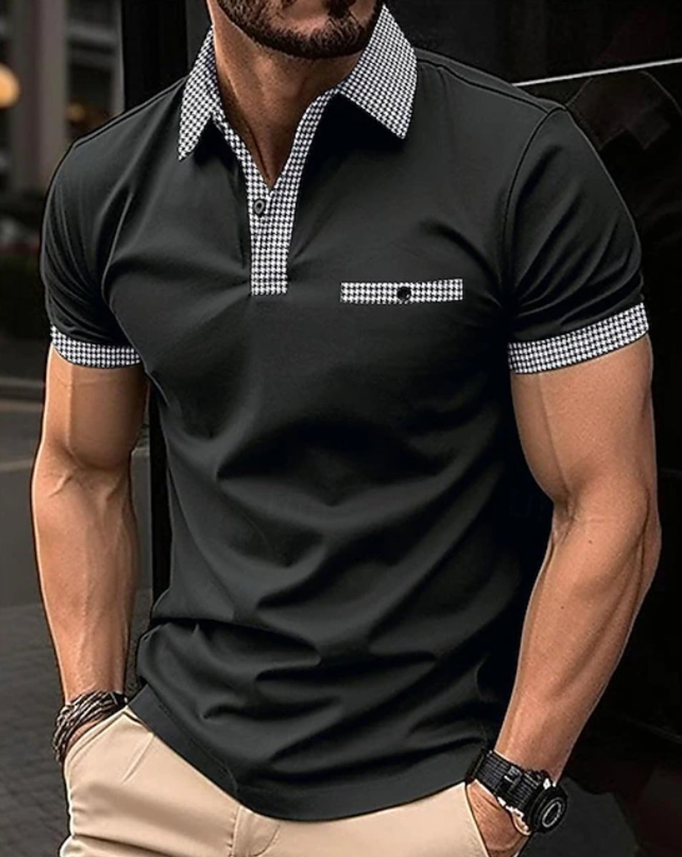 Men's Short-Sleeve Checkered-Collar Button-Placket Polo Shirt - Black