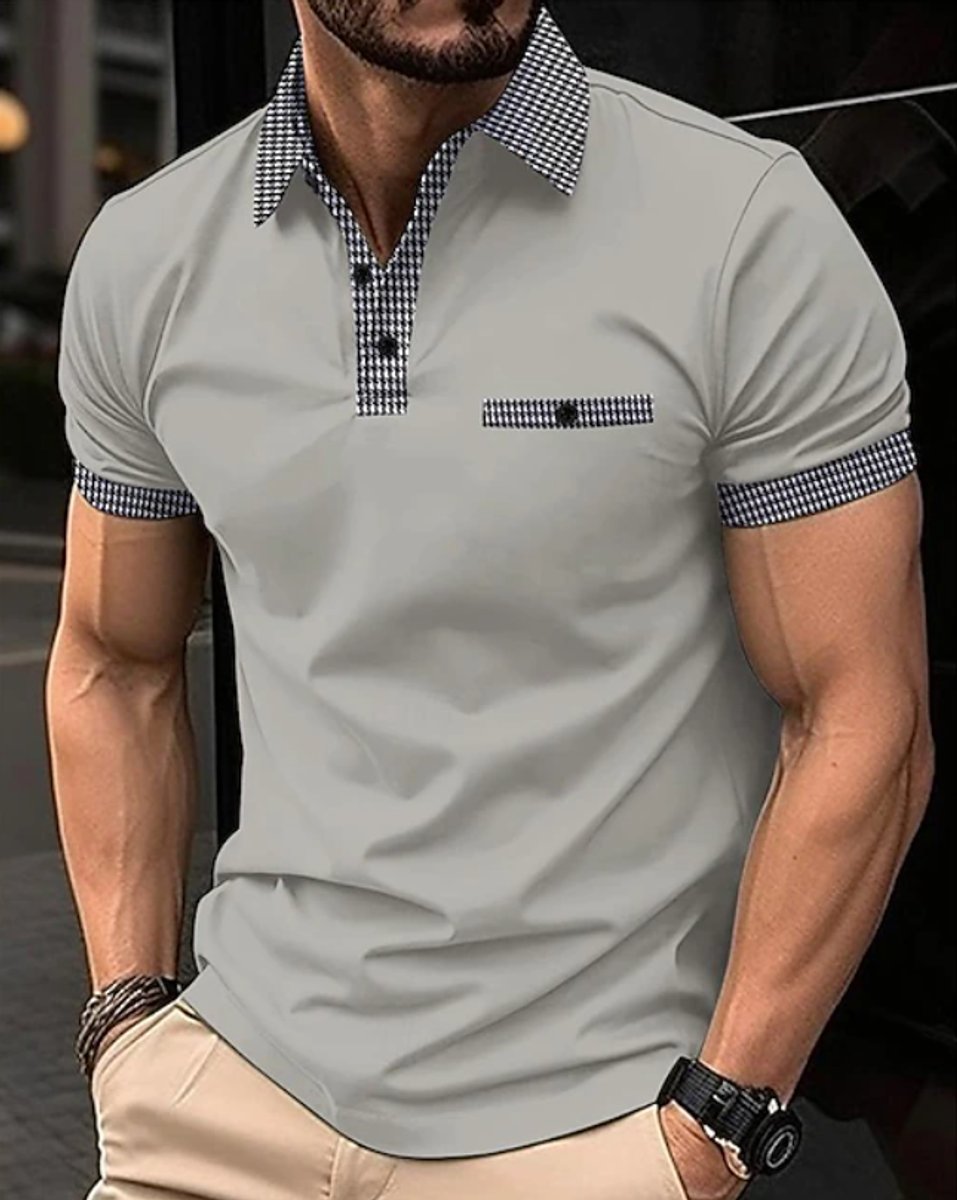 Men's Short-Sleeve Checkered-Collar Button-Placket Polo Shirt - Gray
