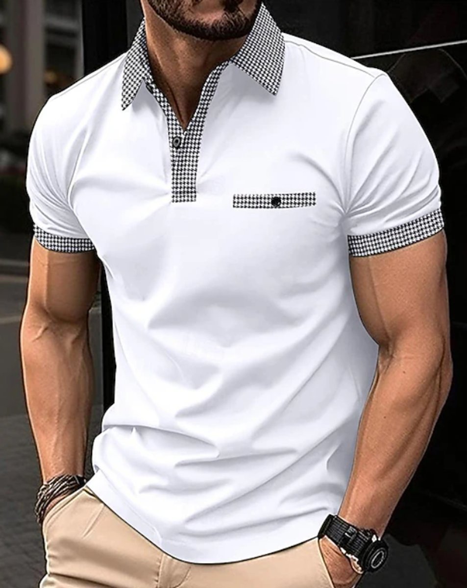 Men's Short-Sleeve Checkered-Collar Button-Placket Polo Shirt - White