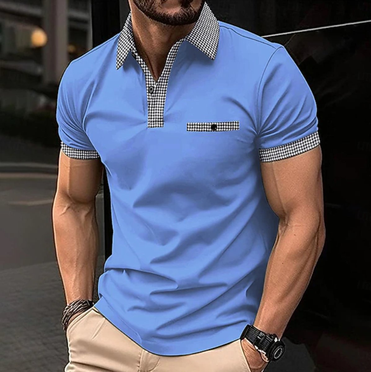 Men's Short-Sleeve Checkered-Collar Button-Placket Polo Shirt - Blue