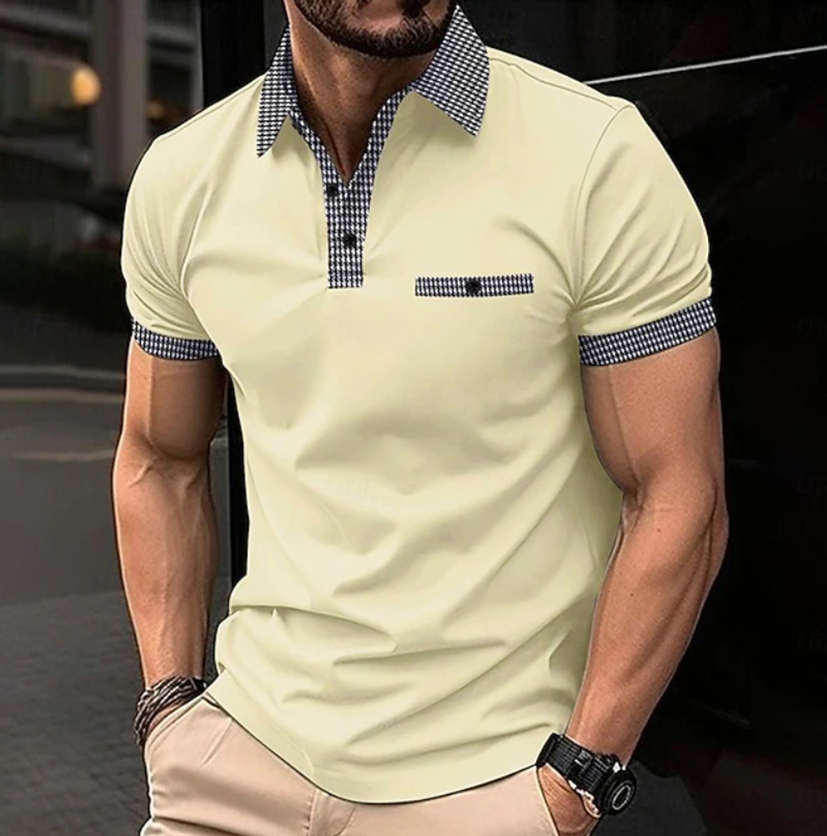 Men's Short-Sleeve Checkered-Collar Button-Placket Polo Shirt - Light Yellow