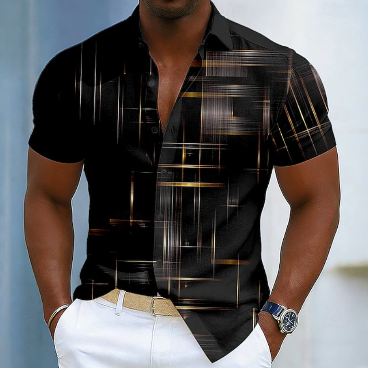 Men's Short-Sleeve Geometric-Print Button-Up Shirt - Black