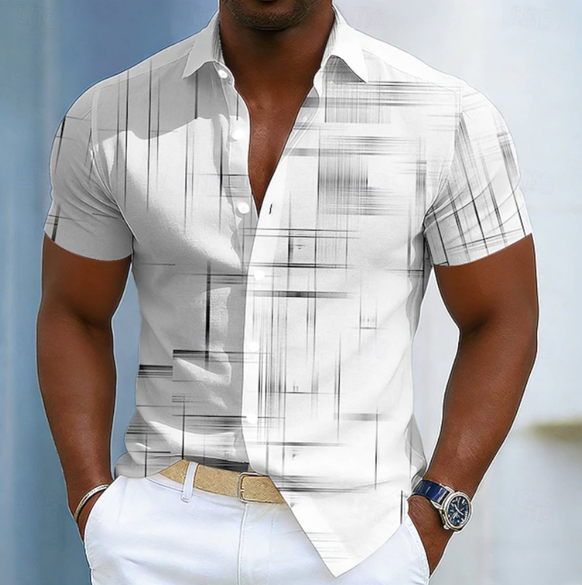 Men's Short-Sleeve Geometric-Print Button-Up Shirt - White