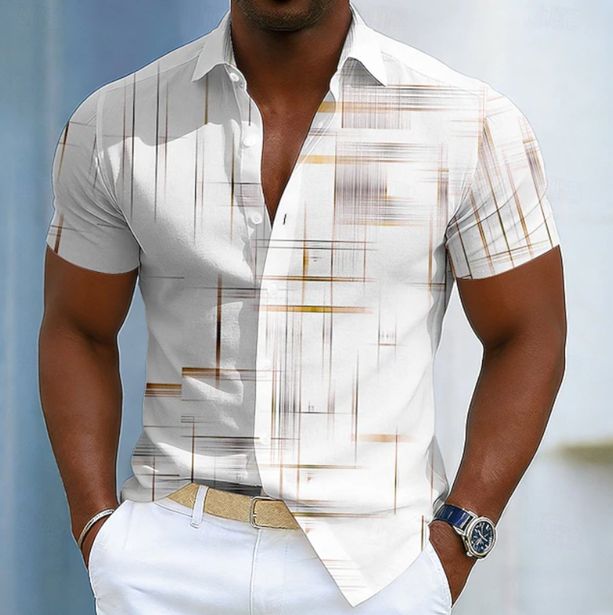 Men's Short-Sleeve Geometric-Print Button-Up Shirt - Khaki