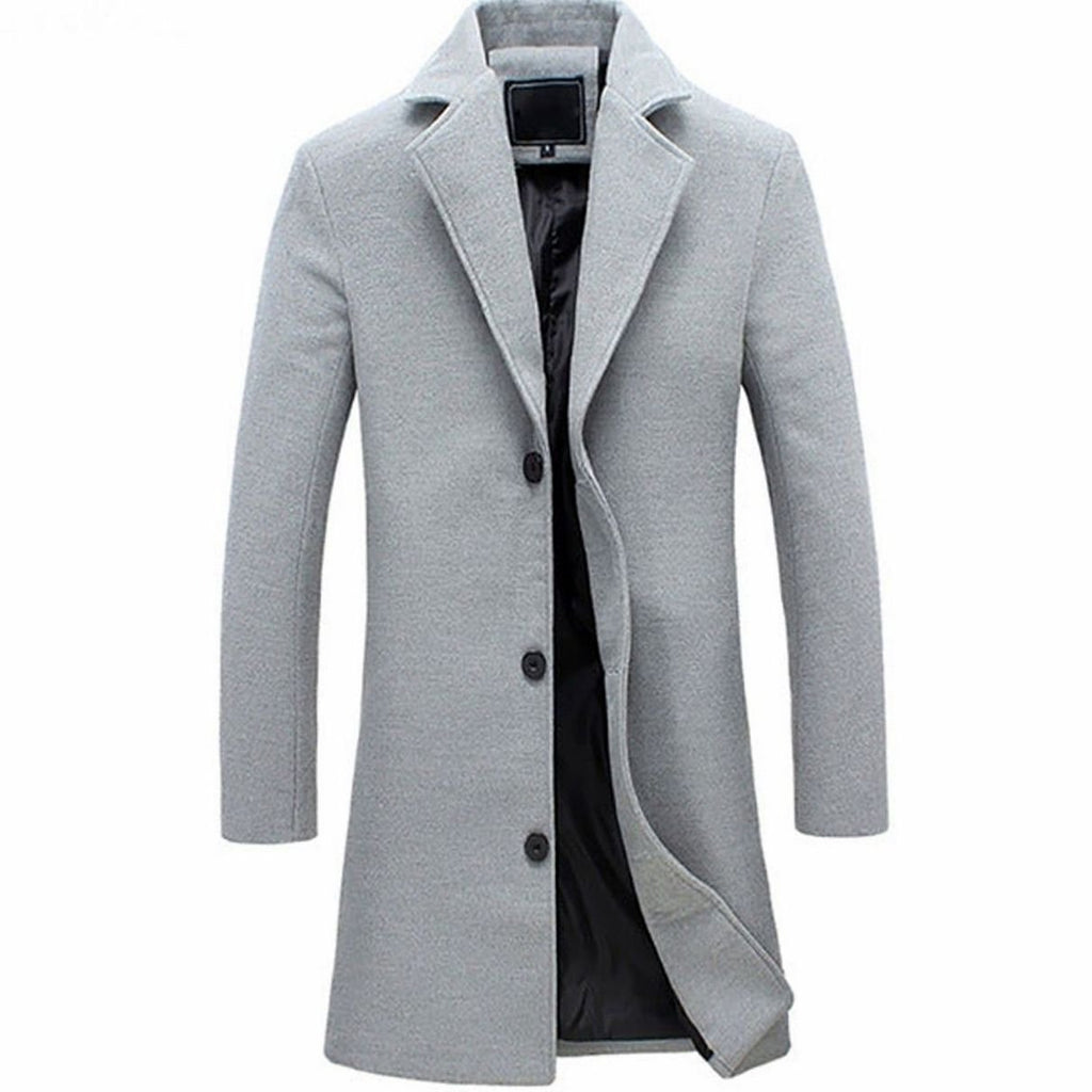 Men's Single-Breasted Notch-Lapel Wool-Blend Long Overcoat - Gray