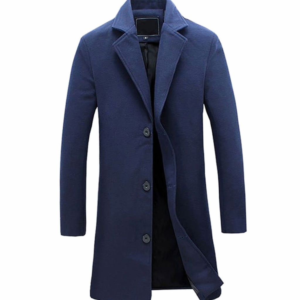 Men's Single-Breasted Notch-Lapel Wool-Blend Long Overcoat - Navy Blue