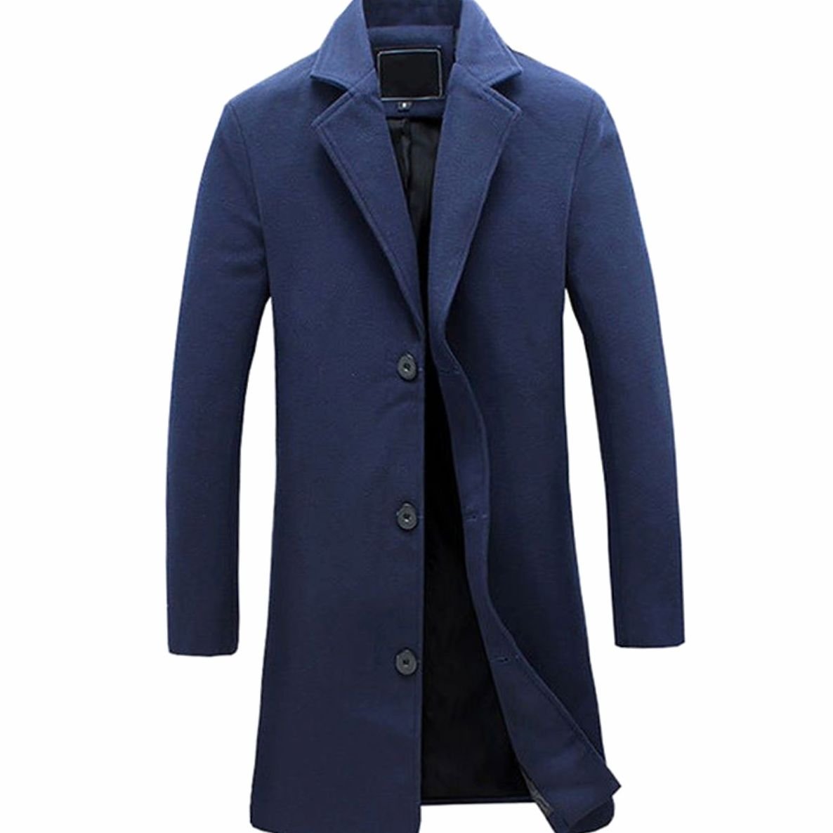 Men's Single-Breasted Notch-Lapel Wool-Blend Long Overcoat - Navy Blue