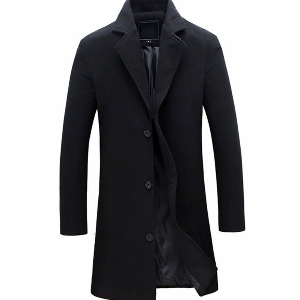 Men's Single-Breasted Notch-Lapel Wool-Blend Long Overcoat - Black