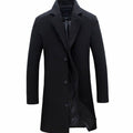 Men's Single-Breasted Notch-Lapel Wool-Blend Long Overcoat - Black