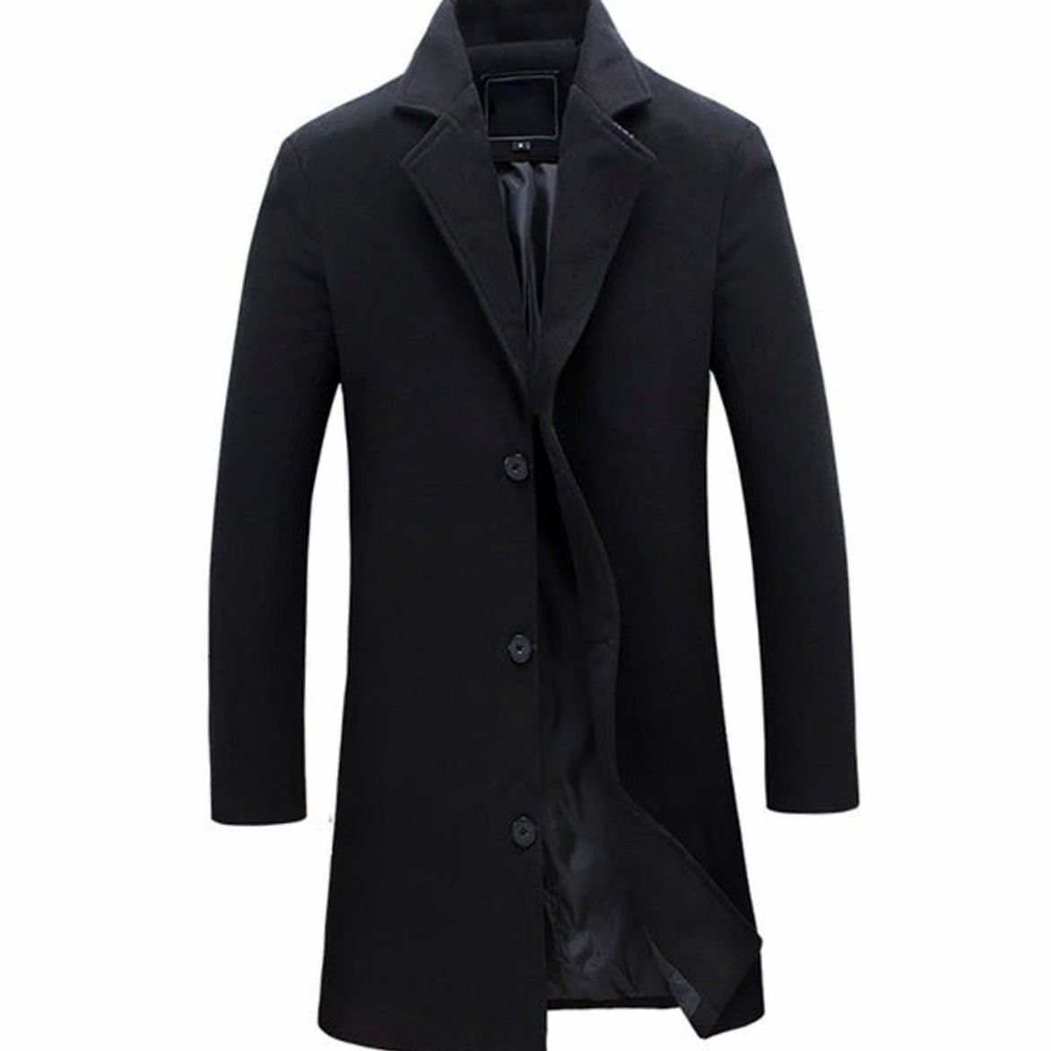 Men's Single-Breasted Notch-Lapel Wool-Blend Long Overcoat - Black