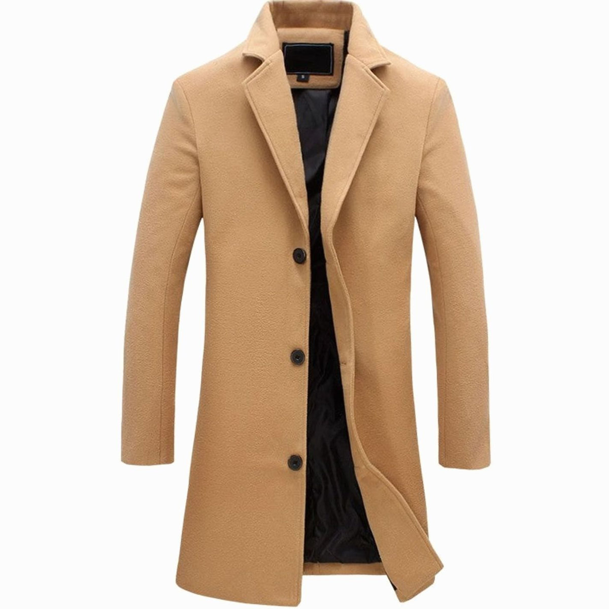 Men's Single-Breasted Notch-Lapel Wool-Blend Long Overcoat - Khaki
