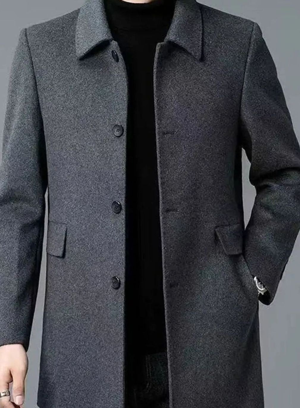 Men's Single-Breasted Tailored Wool Coat Turn-Down Collar Overcoat - Dark Gray