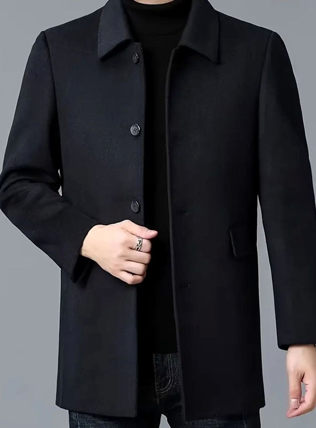 Men's Single-Breasted Tailored Wool Coat Turn-Down Collar Overcoat - Black