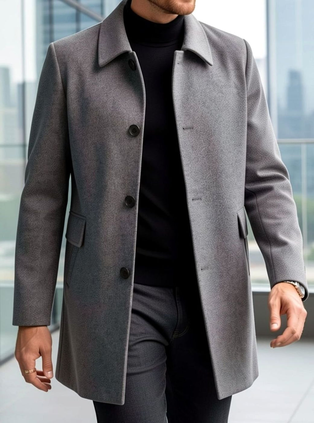 Men's Single-Breasted Wool Overcoat Classic Collar