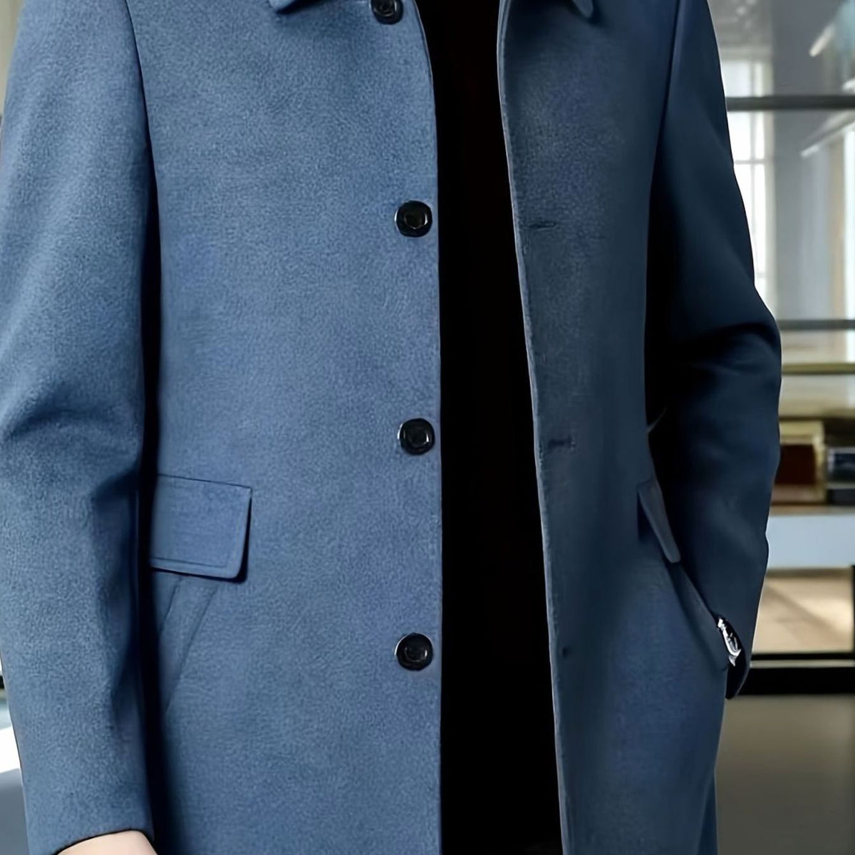 Men's Single-Breasted Wool Overcoat Classic Collar - Deep Sky Blue
