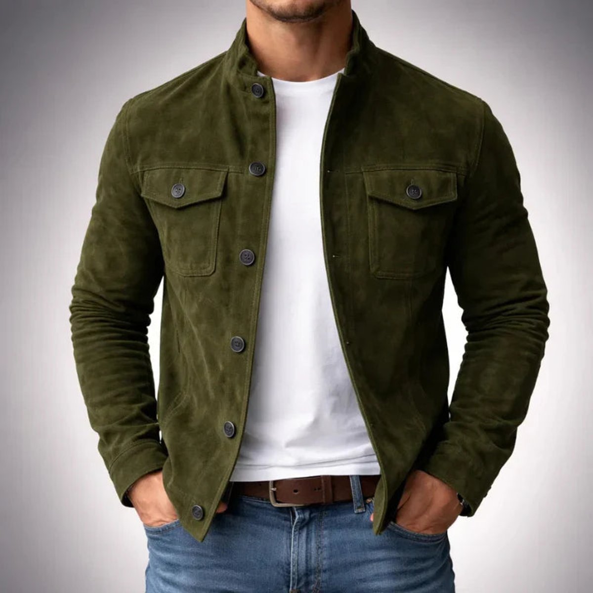 Men's Slim-Fit Button-Front Suede Jacket Chest Pockets - Green