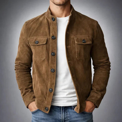Men's Slim-Fit Button-Front Suede Jacket Chest Pockets - Brown