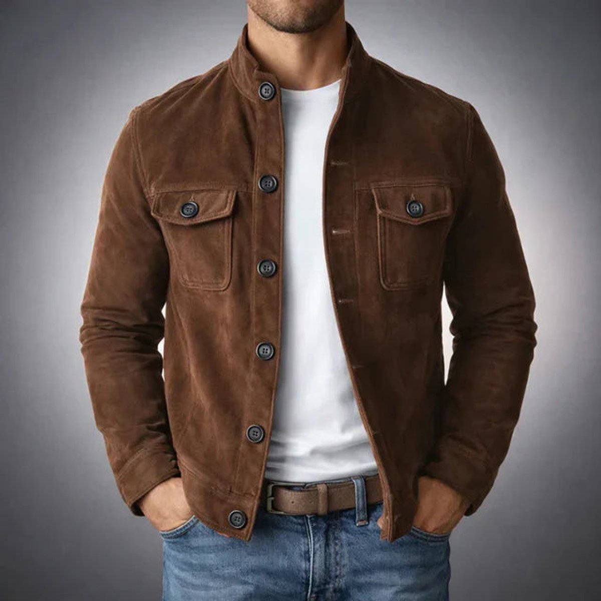 Men's Slim-Fit Button-Front Suede Jacket Chest Pockets - Dark Brown