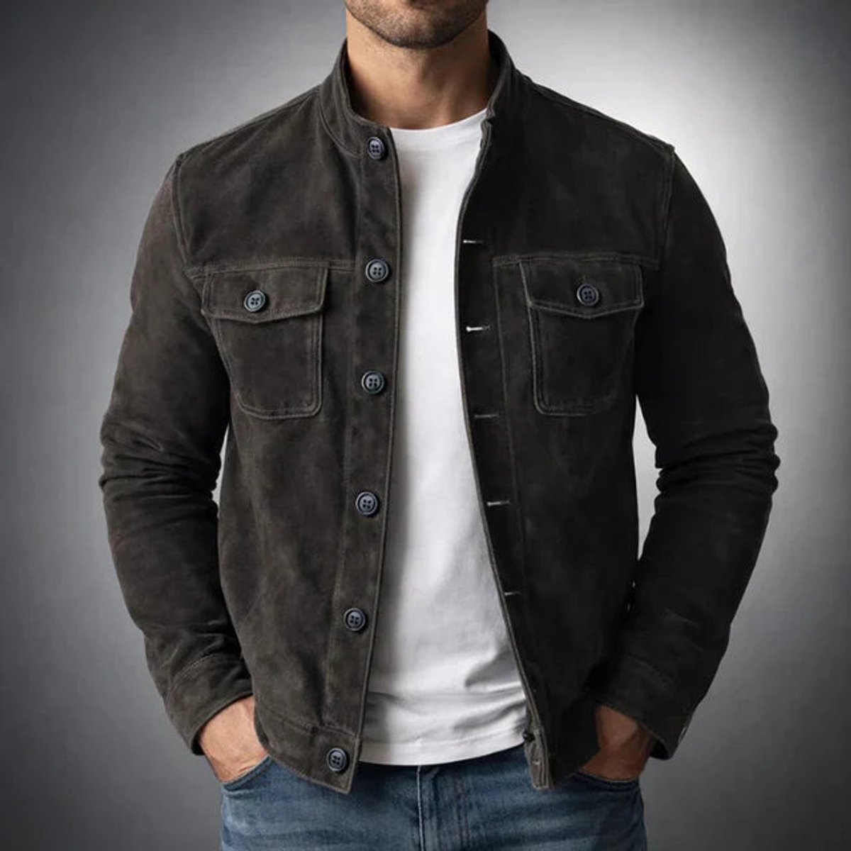 Men's Slim-Fit Button-Front Suede Jacket Chest Pockets - Black