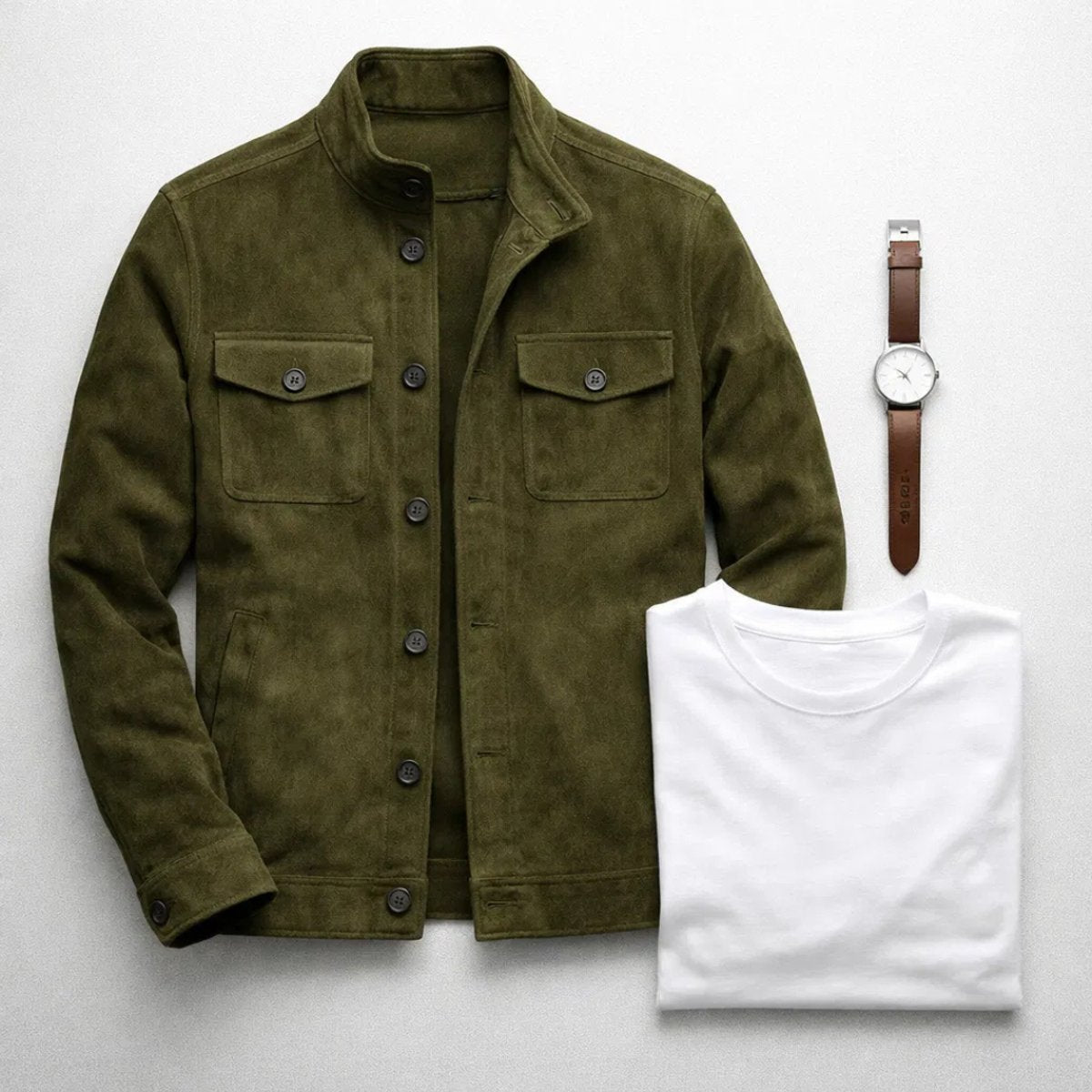 Men's Slim-Fit Button-Front Suede Jacket Chest Pockets