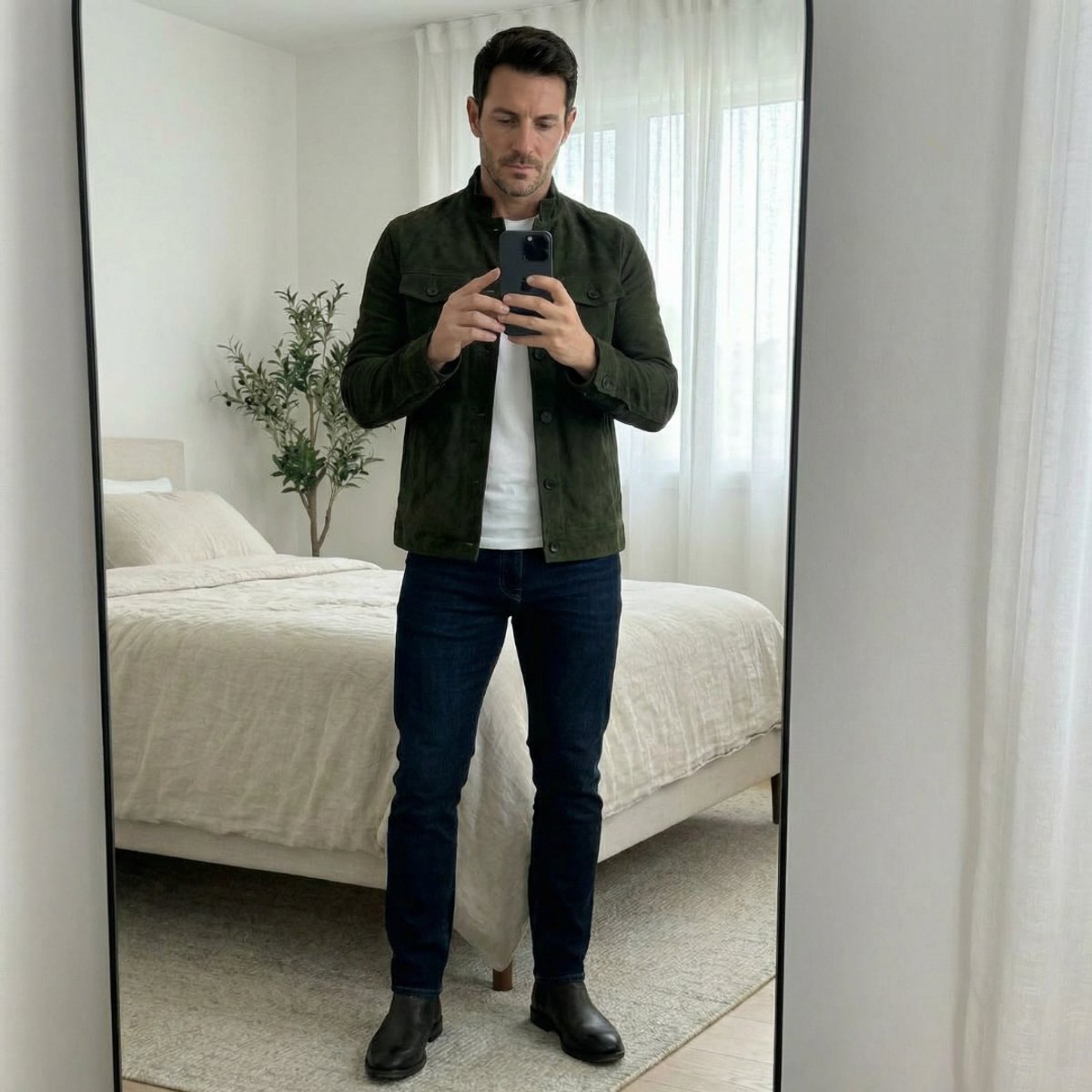 Men's Slim-Fit Button-Front Suede Jacket Chest Pockets