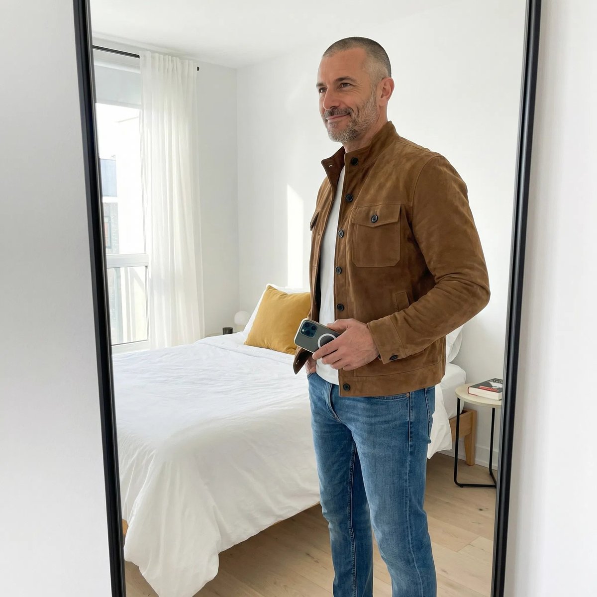 Men's Slim-Fit Button-Front Suede Jacket Chest Pockets