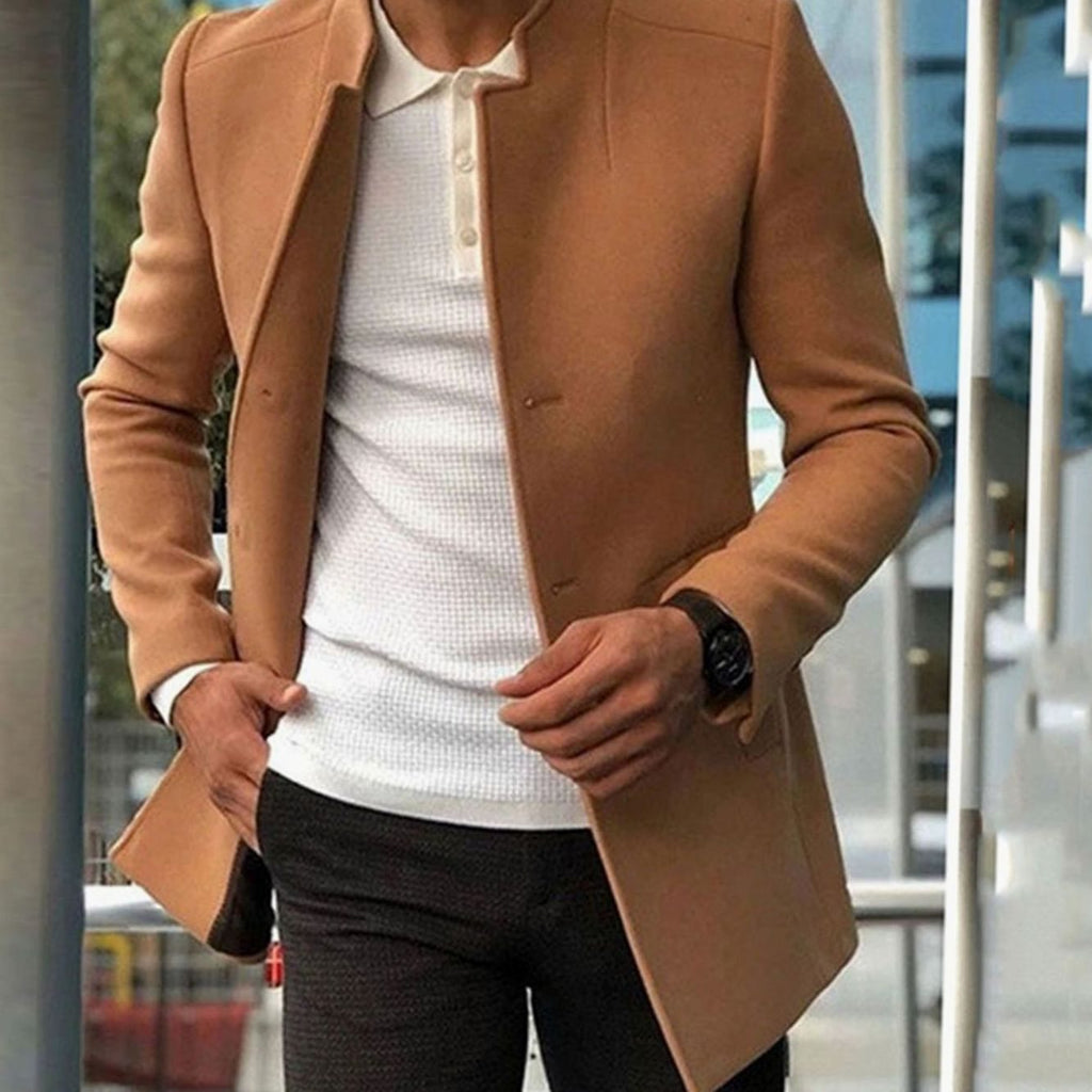 Men's Slim Fit Collarless Camel Winter Coat - Khaki