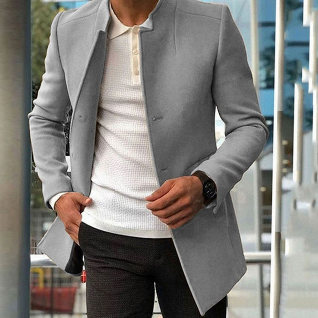 Men's Slim Fit Collarless Camel Winter Coat - Gray