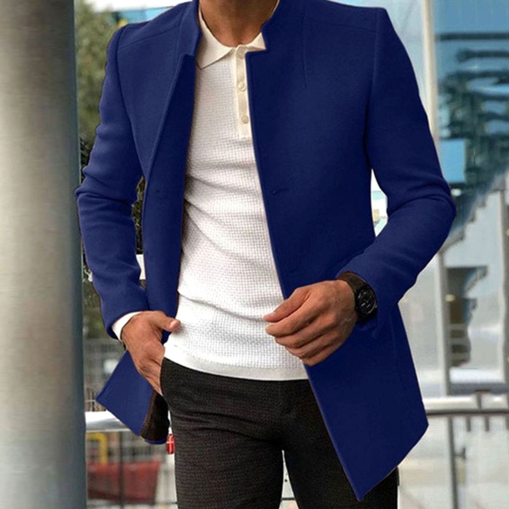 Men's Slim Fit Collarless Camel Winter Coat - Blue