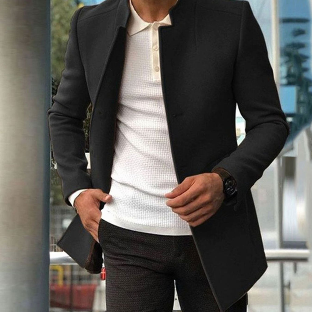 Men's Slim Fit Collarless Camel Winter Coat - Black