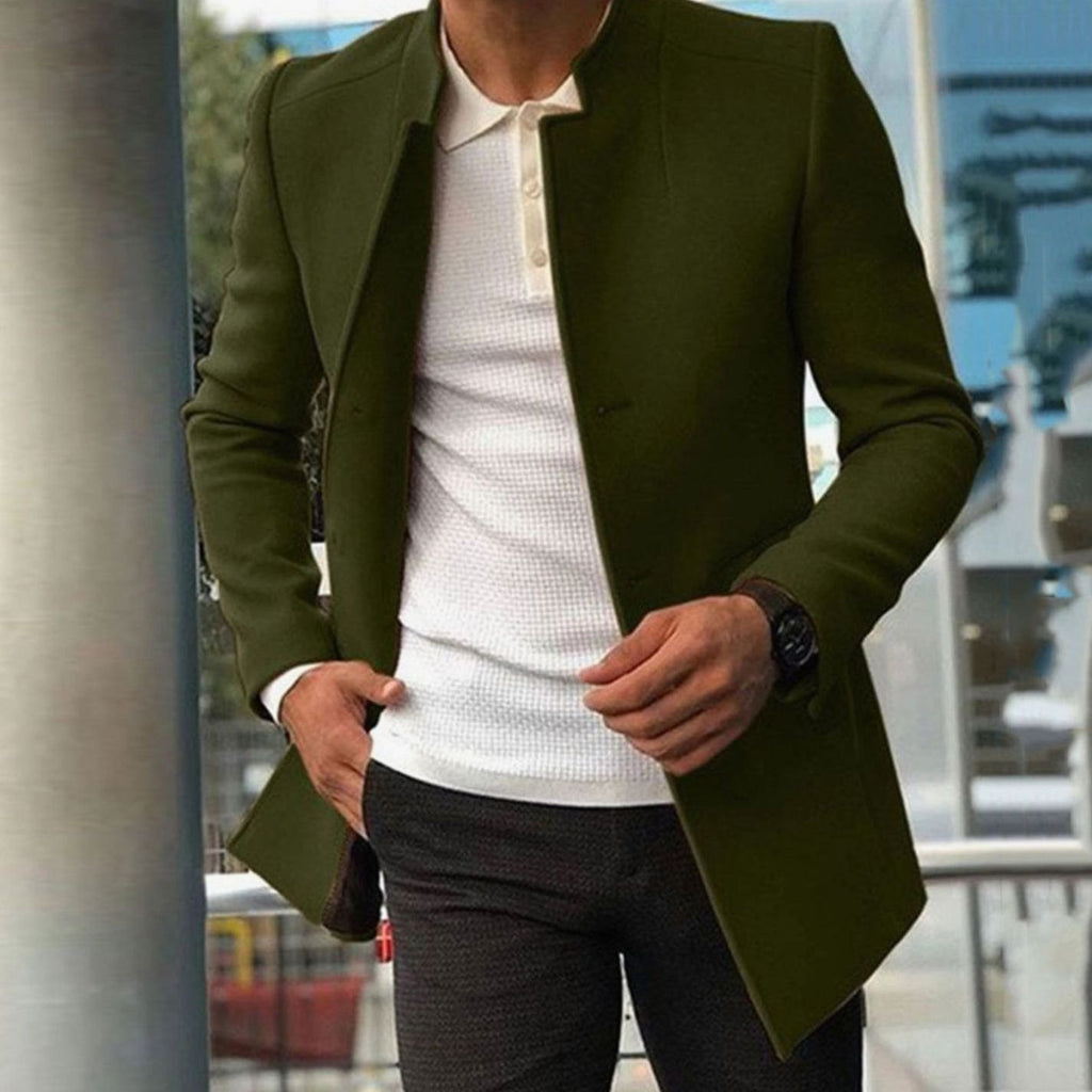 Men's Slim Fit Collarless Camel Winter Coat - Green